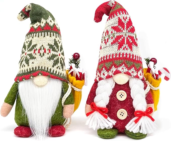 2PCS 9.5 Inch Christmas Gnome Plush Decorations, Handmade Scandinavian Tomte Elf Figurines with Gift, Nordic Xmas Gnome Ornaments for Holiday Home Table Office Decor