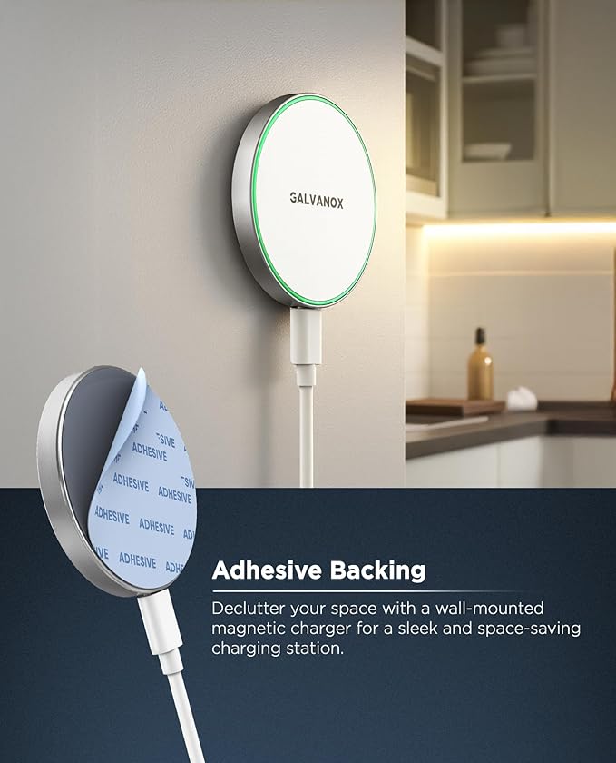 Galvanox Compatible with MagSafe Wall Mounted Magnetic Wireless Charger (15W) Fast Charging Stick-on Adhesive Design with Removable USB-C Cable (Black 10 FT)
