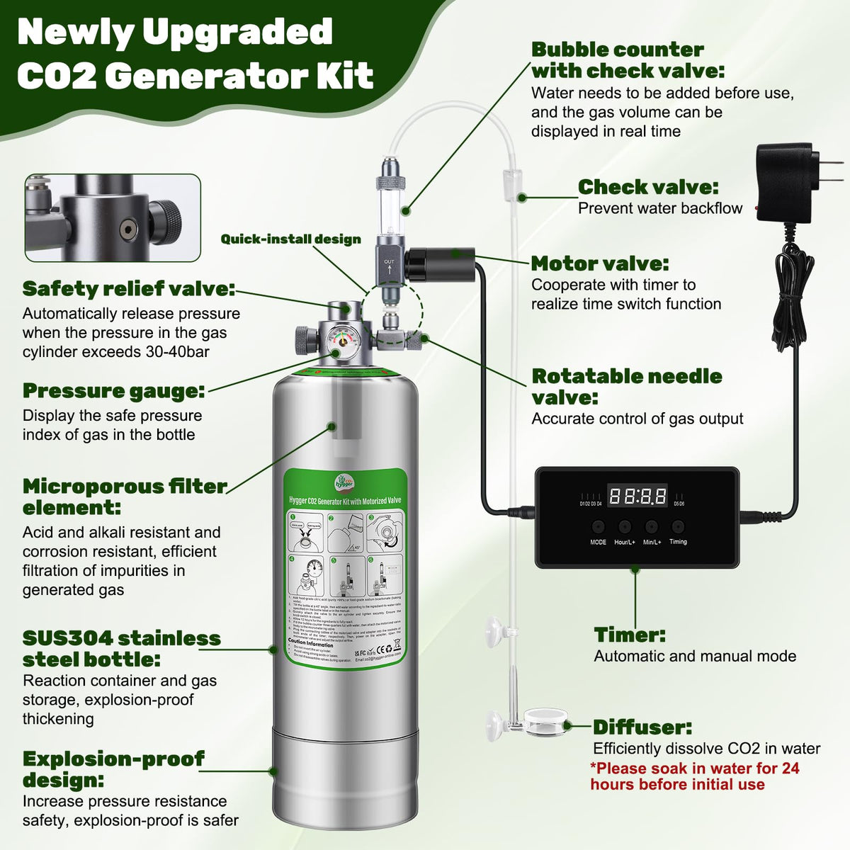 Upgraded 2L/5L Aquarium CO2 Generator System with Timer-Enabled Motor Valve, Upgrade CO2 System Kit with Quick-Release Structure for Aquarium Plants Tanks (2L)