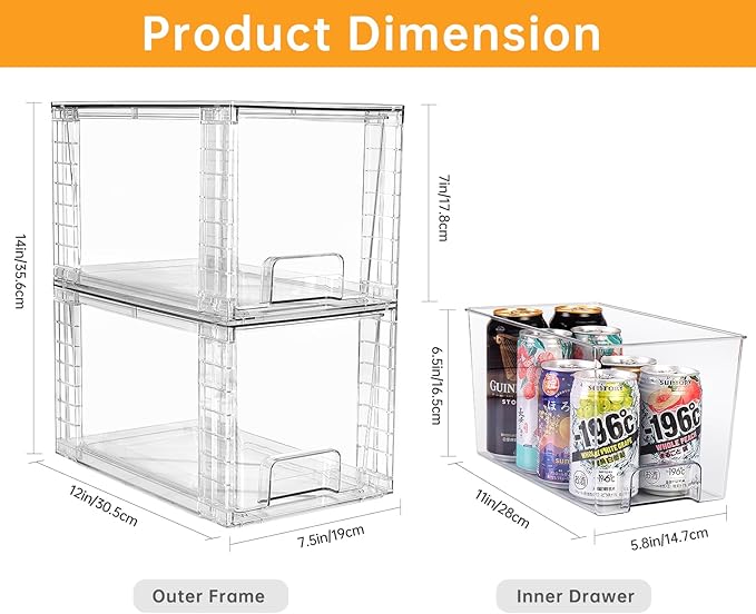 4Pack Large Stackable Kitchen Storage Drawers, Clear Foods Organizer Bins with Handles, Easily Assemble for Bathroom, Kitchen, Pantry, Cabinet, Closet(XL-Down Handle)