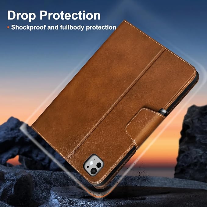 Gexmil Leather Case for iPad Pro 11 Inch M5/M4 2025/2024Crocodile Brown | Genuine Leather CoverPencil HolderMagnetic ClosureSmart Folio Auto Sleep/WakeProtectiveAdjustable Stand