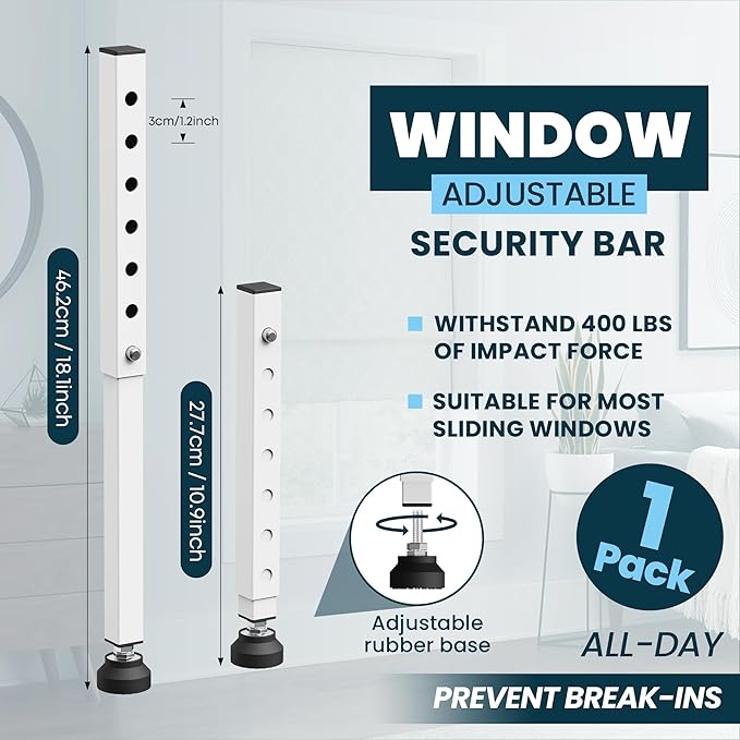 Gadgetzan 1 Pack Window Security Bars Adjustable 11"-18",Portable Short Sliding Window Lock Bar for Child Safety/Anti-Theft,Window safety lock with Rubber Base for Vertical and Horizontal Window-White