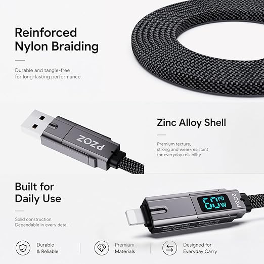 PZOZ 4-in-1 Keychain Charging Cable 60W Fast Charging USB C Cable with LED Display USB A/C to USB C &amp Lightning Portable Short Charger Cord for iPhone 16/15 iPad MacBook Samsung (60W 7.3 in