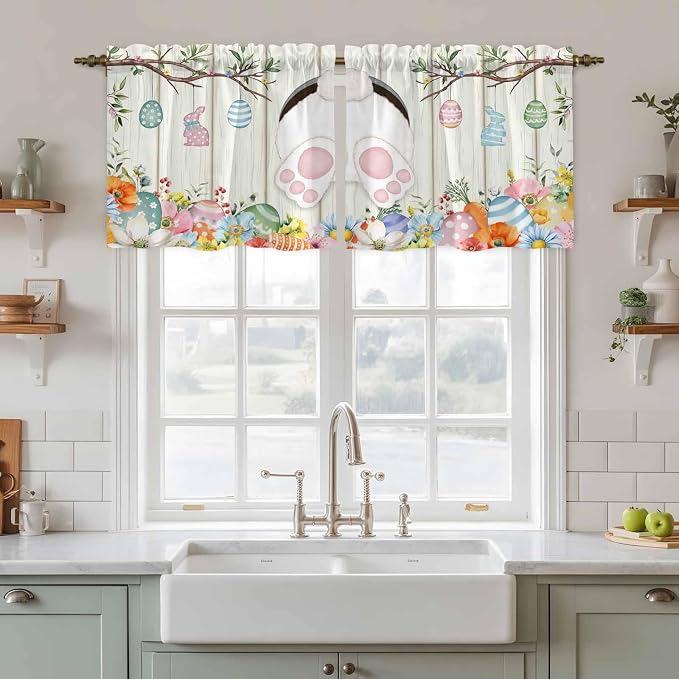 Easter Kitchen Tier Curtains 24 Inch Long 2 Panel Set, Rod Pocket Cafe Small