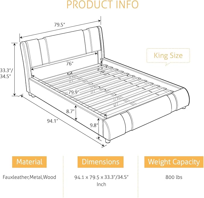 SHA CERLIN King Size Bed Frame with Iron Pieces Decor and Adjustable Headboard/Deluxe Upholstered Modern Platform Bed with Solid Wooden Slats Support/No Box Spring Needed, White