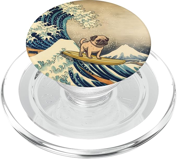 Surfing Pug Kanagawa Wave Japanese Dog Funny PopSockets Adhesive PopGrip