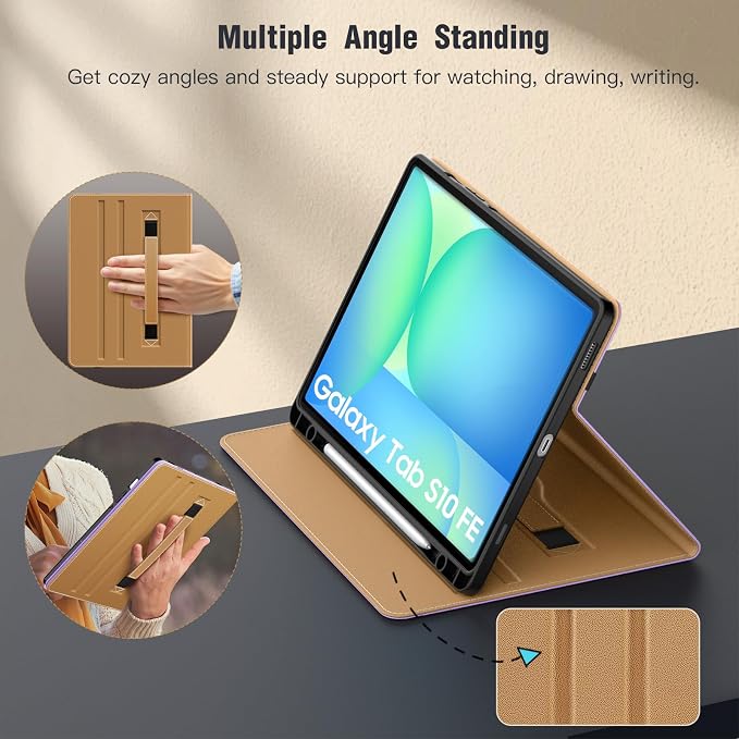 MoKo Case for Samsug Galaxy Tab S10 Lite/ S10 FE/ S9 FE/ S9 10.9/11 Inch | Built-in S Pen Holder Case for Samsung Tablet (2025/2023) PU Leather Hand Strap &amp Front Pocket Blue &amp Brown