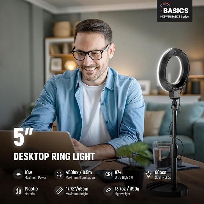 NEEWER Basics 5"/13cm Desk Ring Light with Stand, Phone Holder Base, 10W LED Selfie Light Compatible with iPhone for Video Recording Laptop Webcam Zoom Video Conference Lighting Makeup, Black BR60