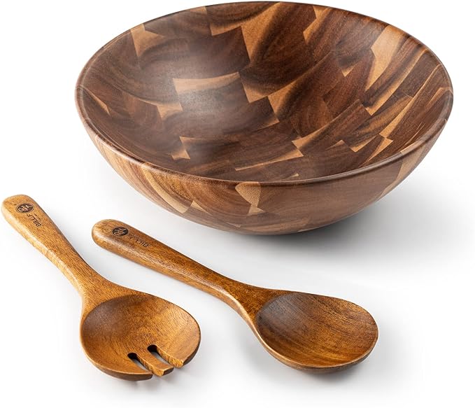 BF BILL.F SINCE 1983 Wooden Salad Bowl 12'' Acacia Wood Salad Bowls Set Large Salad Serving Bowl for Fruits Mixing Bowl with Servers-3-Piece Big Salad Bowl Set