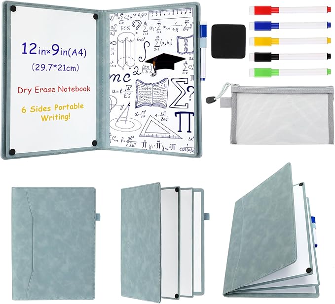 6 Sides Dry Erase Notebook Portable Whiteboards Notebook 12"x9"(a4) Small Reusable Whiteboard Notepad Foldable Anti-ghosting Surface, Travel White Board for Office Study Meeting Planning