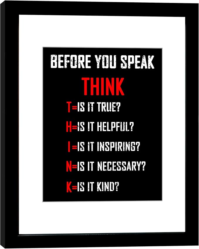 Wieco Art Think Quotes Wall Art Inspirational Canvas Print Motivation Classroom Decor With Black Picture Frame and HD Plexiglass Made to Display 8x10" with Mat or 11x14" Without Mat