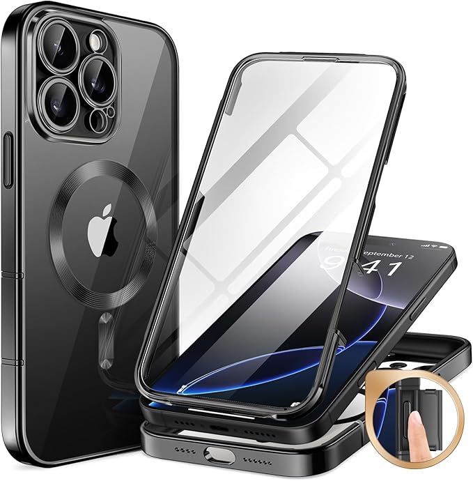 BERFY Magnetic for iPhone 16 Pro Case, Compatible with Magsafe, Built-in 9H Tempered Glass Screen Protector & Upgraded Camera Protection, Full-Body Plating Shockproof Phone Case for 16 Pro 6.3", Black