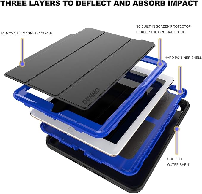 DUNNO Case Compatible with iPad 6th/5th Generation 9.7-Inch 2017/2018 Three Layer Heavy Duty Full Protection Case with [Auto Sleep/Wake] Stand Design for iPad 5/6 Generation (Black+Blue)