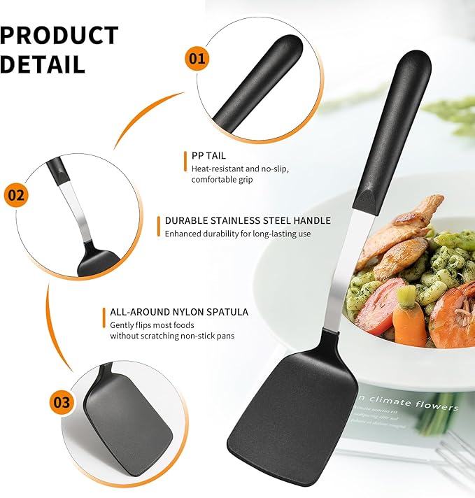 CuCut 4 Pcs Cooking Utensils Set, Stainless Steel Kitchen Utensils, Heat Resistant Metal Kitchen Tools Include Solid, Slotted Turner, Serving Spoon, Non-Stick Wok Spatula, Dishwasher Safe, Silver