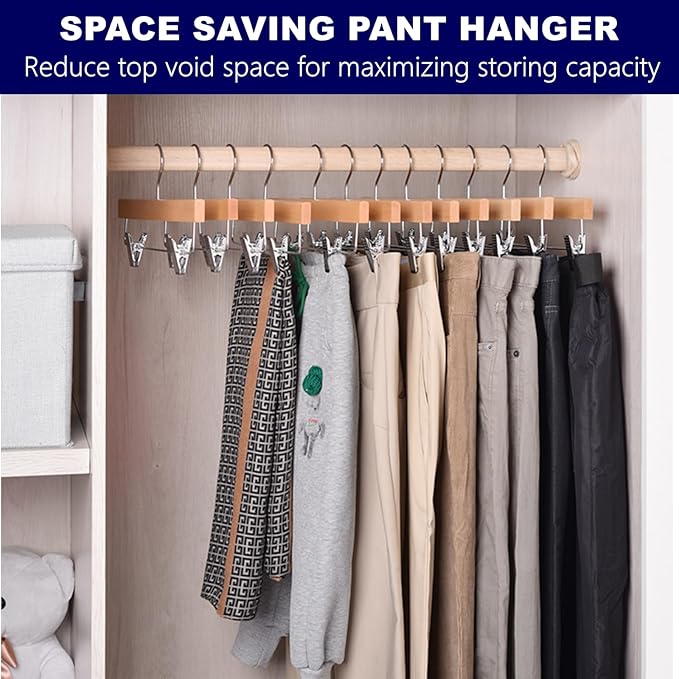 Amber Home 10 Pack Natural Wooden Pants Hangers with Clips, Wood Skirt Hangers Trouser Hangers for Jeans, Slacks, Shorts with 2-Adjustable Clips