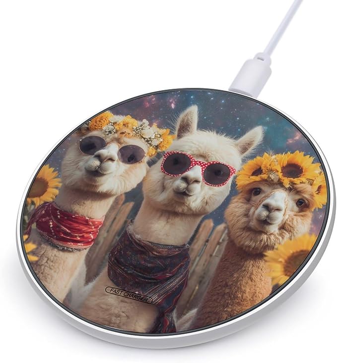 Funny Llama Alpacas Galaxy Sunflower Wireless Charger SlimWireless Charging Pad Anti-Slip Charger Mat for Men Women