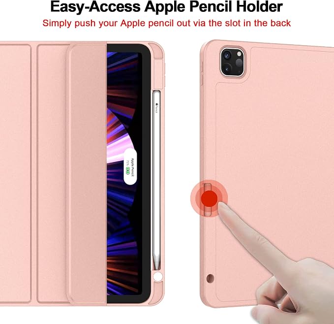 New iPad Pro 11 Inch Case 2022(4th Gen)/2021(3rd Gen)/2020(2nd Gen) with Pencil HolderSmart iPad Case [Support Touch ID and Auto Wake/Sleep] with Auto 2nd Gen Pencil Charging (Deep Pink)
