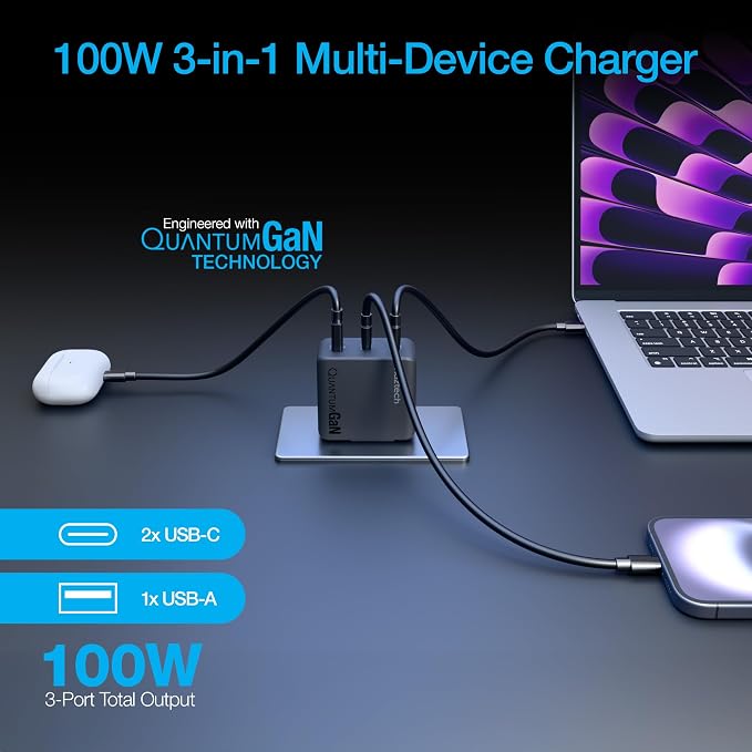 Naztech 100W USB-C PD + USB Wall Charger 3-Port GaN Ultra-Fast Compact Adapter Block High-Power Charging Dock for laptops iPhone Android Phone &amp More