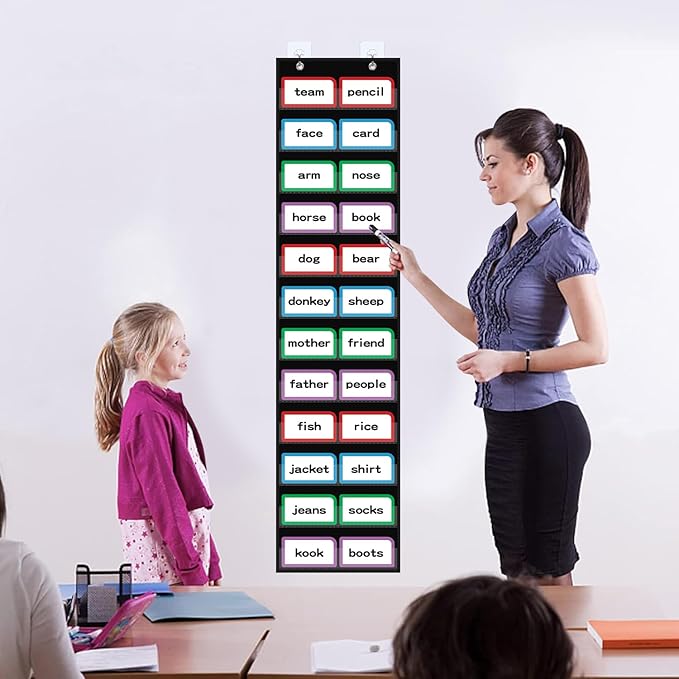 10”W x 48.25”H Classroom Words Pocket Chart with 12 Clear Pockets, Black Standard Pocket Chart for Classroom and Home for Sentence Strips, Reusable Words Hanging Pocket Chart (Black)