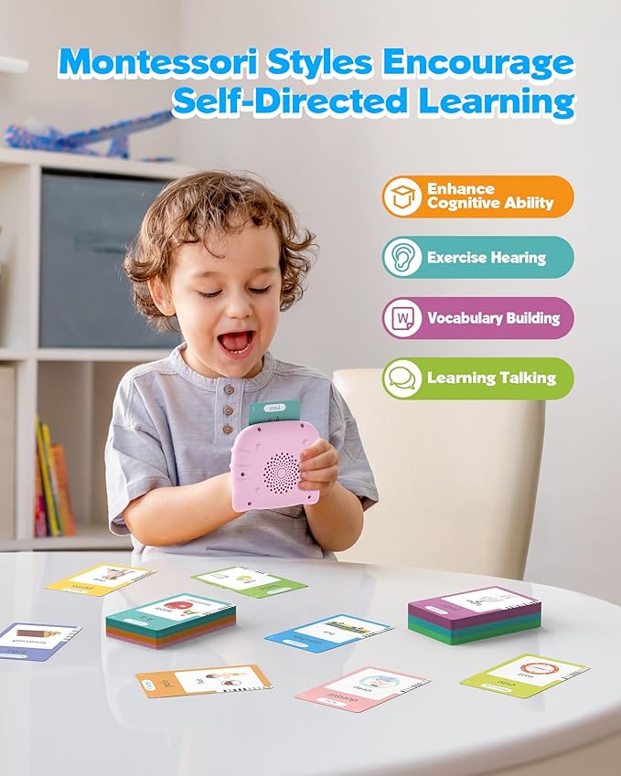 Bilingual Pink Spanish and English Talking Flash Cards, Pocket Speech Therapy Tools with 510 Words, Montessori Language Learning Aids, Children's Sensory Learning Kits