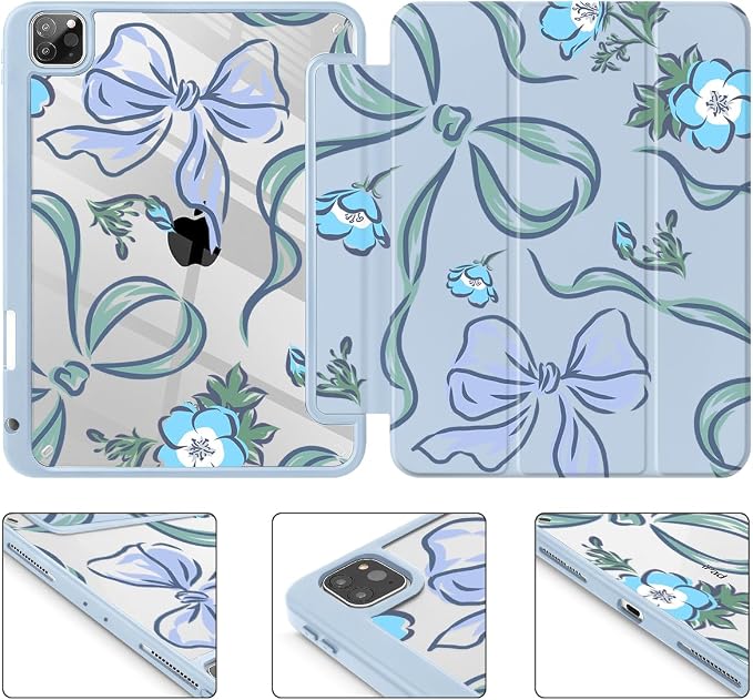 Mektron Case for iPad Pro 11 inch Case M2 2022 Generation 4th Fit 2021 2020 2018 iPad Pro 11 (3rd 2nd &amp 1st Gen) -Buit in Pencil Holder with Shockproof Cover Clear Shell Blue Bows &amp Flower