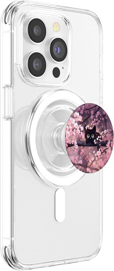 Cute Black Kitten Cat Cherry Blossom Meow Kawaii Anime Cat PopSockets PopGrip for MagSafe