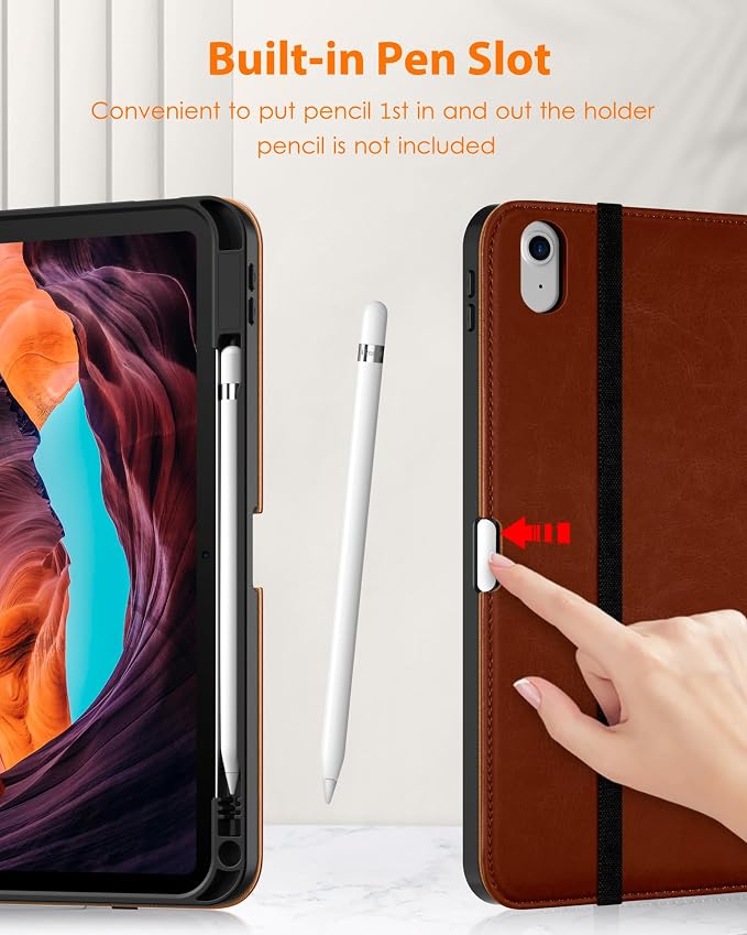 DTTO for iPad (A16) 11th Generation 11-inch &amp 10th Gen Case Brown | Premium Leather Business Cover with Pencil Holder Hand Strap &amp Pocket Corner Protection Auto Sleep/Wake for Work &amp