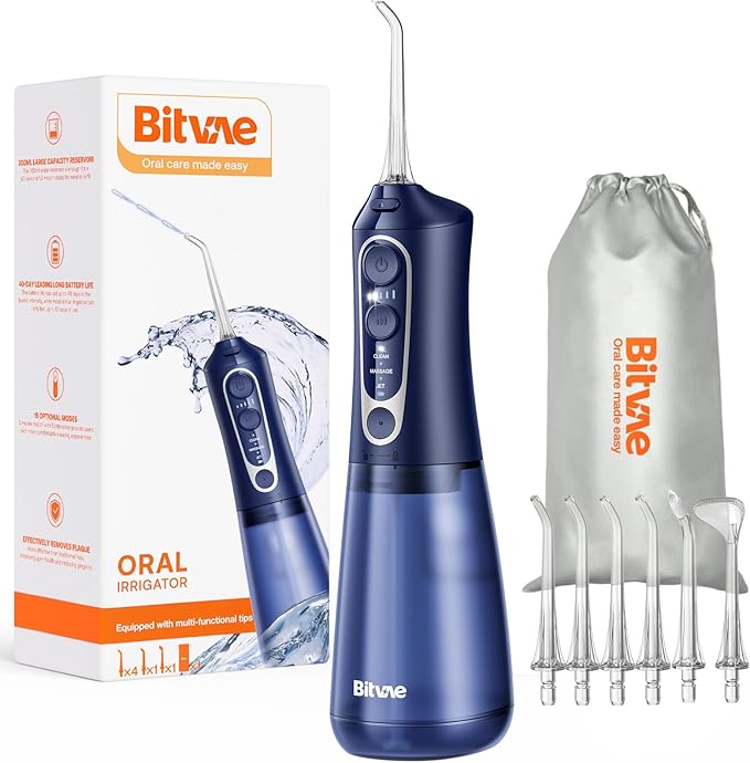 Bitvae Water Dental Flosser Teeth Pick, Cordless Flosser for Travel with 6 Jet Tips, 3 Modes 5 intensities, IPX7 Waterproof Portable & Rechargeable Oral Irrigator Cleaner, Midnight Blue