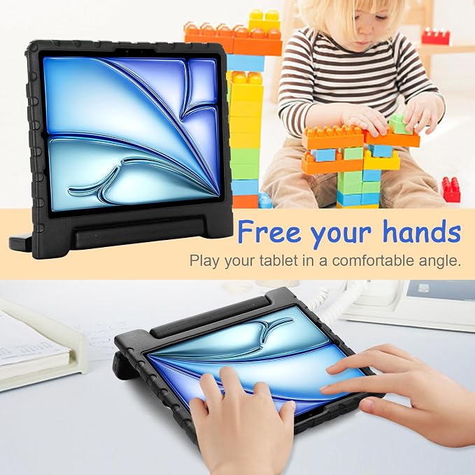 Kids Case for iPad Pro 11 M5/M4 &amp iPad Air 11 (2026/2025/2024) Shockproof Case with Pencil Holder Techcircle Light EVA Foam Handle Stand Bumper Protective Child Friendly Drop Proof Cover Black