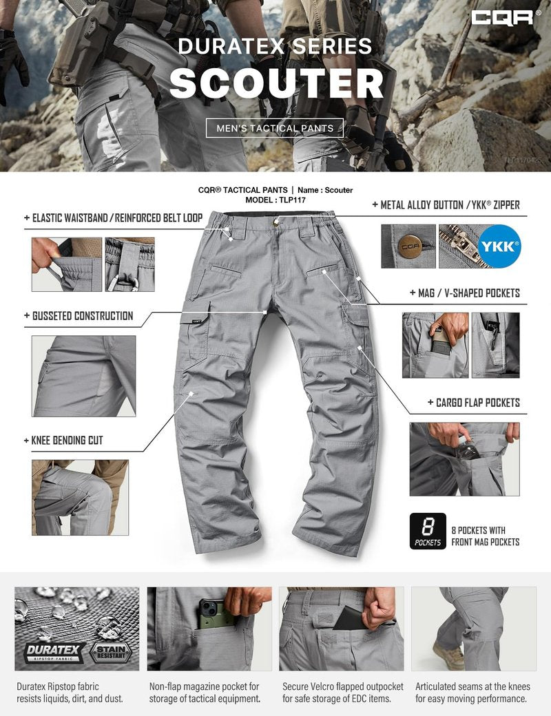 CQR Men's Tactical Pants, Water Resistant Ripstop Cargo Pants, Lightweight EDC Work Hiking Pants, Outdoor Apparel, Raider Stone, 34W x 34L