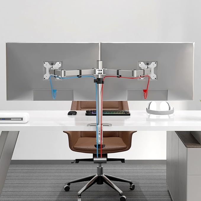 Pholiten Dual Monitor Stand, Heavy Duty Adjustable Monitor Arm Desk Mount for 2 Screens up to 42Inches, Tilt, Swivel, Rotate, Supports Tilt, Swivel, Rotate, Supports 22 lbs per Arm,Silver