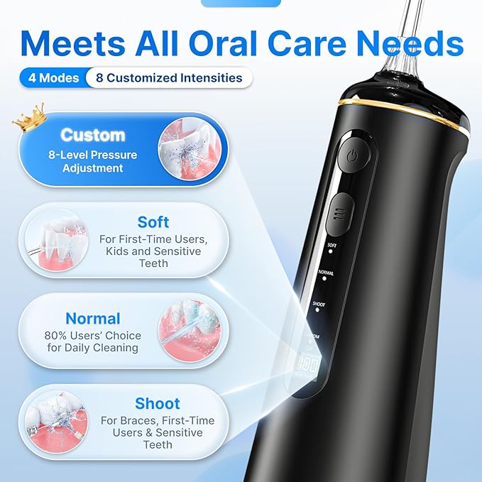 Water Flosser for Teeth, Cordless Oral Irrigator Portable Dental Cleaner Picks with 8 DIY Modes 7 Jets 300ml Tank Braces Flossers Rechargeable (Black)