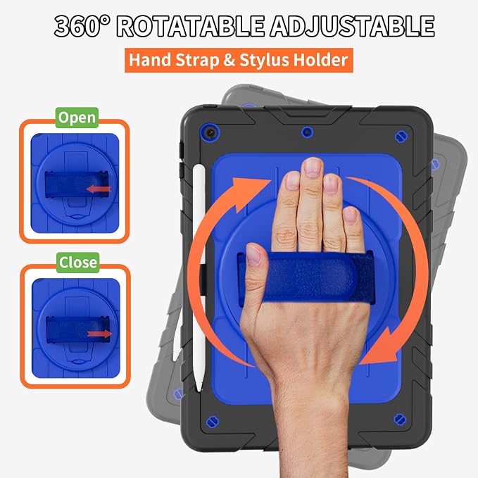 Case for iPad 9th/8th/7th Generation10.2 Shockproof 360 Rotating Stand Shoulder Hand Strap with Pencil Holder for iPad 10.2 inch 2021/2020/2019 Case (Black)