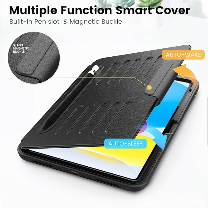 Case for iPad (A16) 11th/10th Generation 11''/10.9'' 2025/2022: Shockproof Protective Case with Hand/Shoulder Strap Pencil Holder Rotate Stand Screen Protector Black
