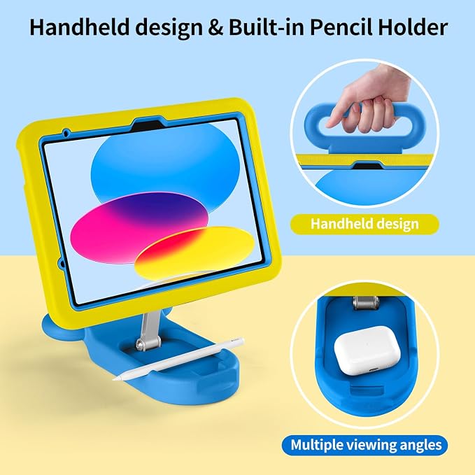 Kids Case for iPad (A16) 11th/10th Gen 10.9'' 2025/2022Adjustable Portrait/Landscape Stand/Drop Proof with HandleChild Friendly Case for iPad Air 11 (M4/M3/M2) 2026/2025/2024 (BlackBlue)
