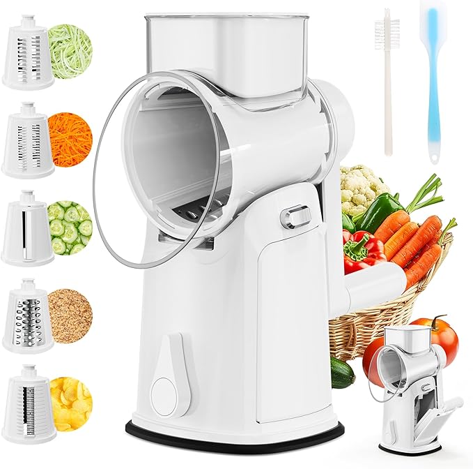 YSEPOZ 7 IN 1 Upgraded Rotary Cheese Grater with Handle – Vegetable Shredder with Built-in Storage Blade Slot, 5 Versatile Blades, Strong Suction Base Round Mandoline Slicer, Food Chopper for Kitchen