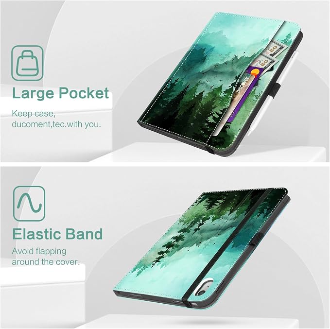 Lokigo Case for iPad (A16) 11th/10th Generation Aurora Forest | for iPad 11th-11 Inch/10th-10.9 Inch Stand Cover Pencil Holder/Hand Strap/Pocket Support Touch ID Auto Wake/Sleep