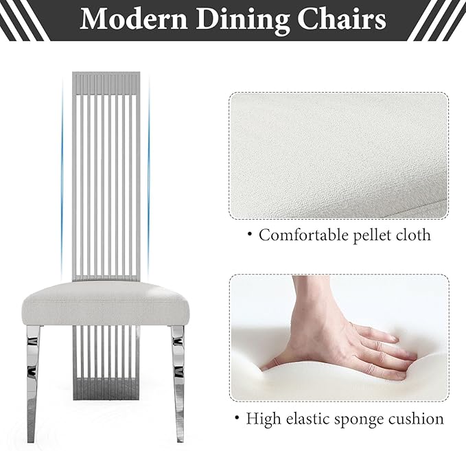 White and Silver Dining Chairs Set of 2, Upholstered High Back Dining Chairs with Mirrored Stainless Steel Backrest and Legs, Modern Luxury Dining Room Chair for Kitchen Living Room Restaurant