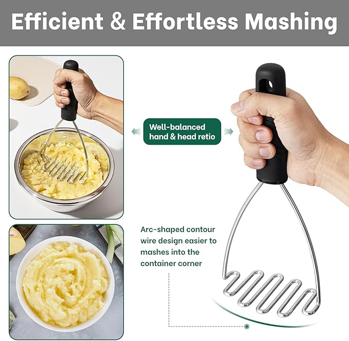Beneno Ergonomic Soft Grip Stainless Steel Potato Masher, Black