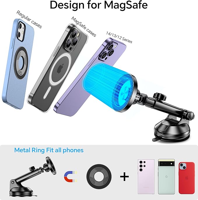 Coolpow for MagSafe Car Mount【Windshield+Vent+Dash】Magnetic Phone Holder for Car Phone Holder Mount Cell Phone Holders for Your Car Accessories Suction Cup Mount for Garmin GPS Fit iPhone 16 15 14 13
