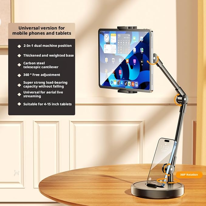 Dual Phone Stand for Desk 2-in-1 Holder with 762g Weighted Base 360° Adjustable Arm for Live Streaming &amp Learning