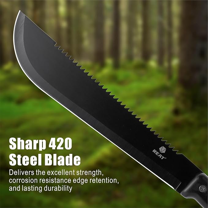 REAT Machete with Saw, 17" Full Tang Fixed Blade Hunting Knife with Sheath, Ergonomic No-Slip Handle,Machetes for Cutting Trees,Yard Work,Bushcraft, Survival