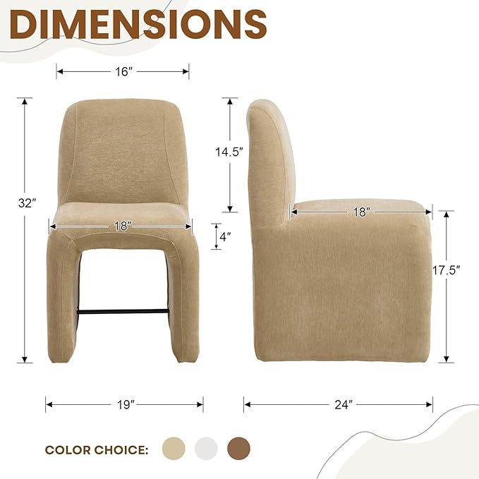 Khaki Upholstered Chenille Dining Chairs Set of 6, Mid Century Modern Dining Room Chairs with Deep Seat & Curved Back, Armless Side Chair Comfy Kitchen Chairs for Living Room/Kitchen