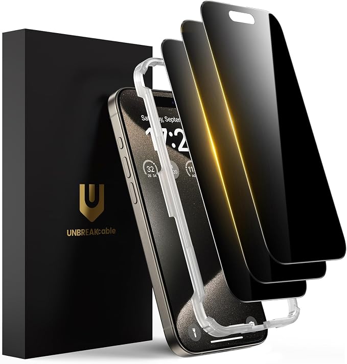 UNBREAKcable Privacy Screen Protector for iPhone 15 (6.1) 25° Anti-Spy Tempered Glass Easy Install Alignment Frame Case-Friendly 9H Hardness Anti-Fingerprint 3-Pack