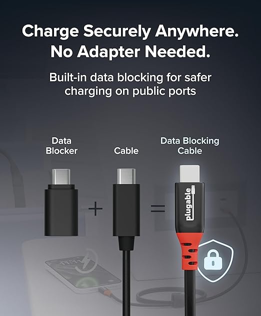 Plugable USB C to USB C Cable Data Blocker Charge Only Cable (1m/3.3ft): 240W Safe Fast Charging for MacBook iPhone 15/16 Galaxy S24 Steam Deck and More USBC Devices (USBC-CC1M)