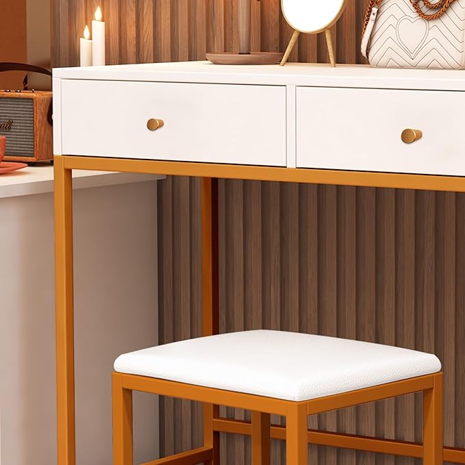 36" Small Vanity Desk, White Makeup Table No Mirror for Bedroom with 2 Storage Drawers, Girls Vanity Desk, Compact Makeup Table