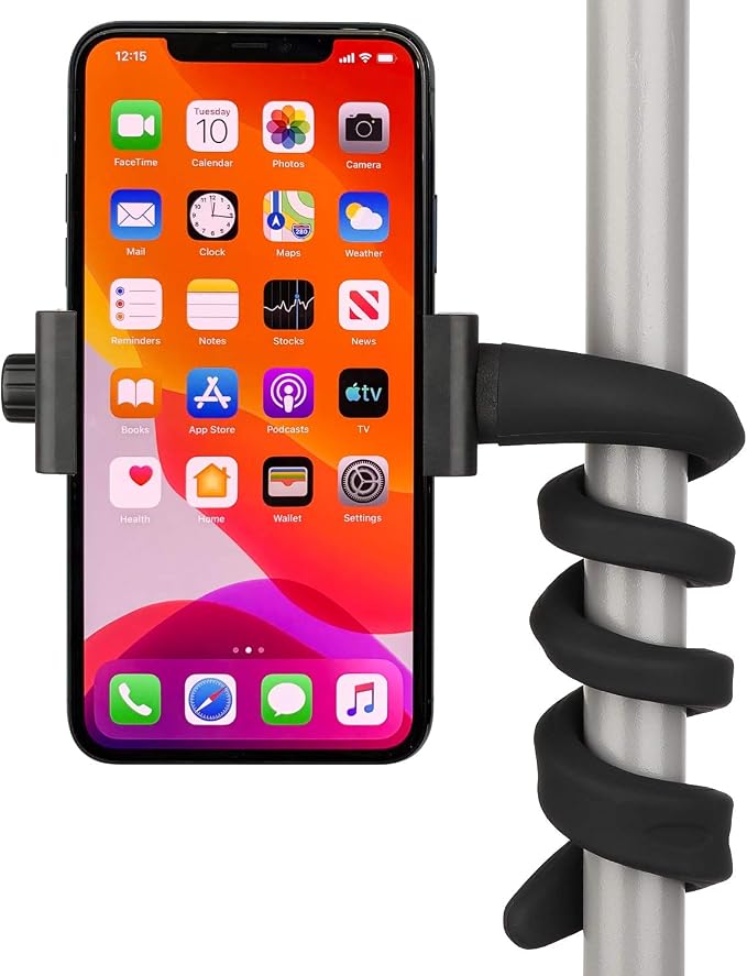 iTODOS Portable Flexible Cell Phone Holder Stand for Treadmill Spin Bike Stroller Shopping Cart Bed Car Kitchen Desk Compatible with iPhone Android (Black)