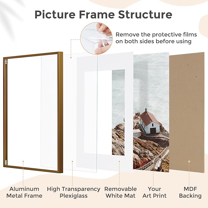 8x10 Picture Frame - 8x10 Metal Picture Frame With Mat | 8 x 10 Aluminum Photo Frame | Plexiglass And Hanging Hardware Included | Black 8 by 10 Frame, 3PCs, Bronze
