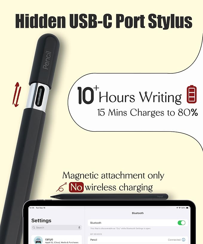 Pencil USB-C for Apple iPad 2018-2026: Slide-Switch Hidden-Port Stylus with Tilt Sensitivity &amp Palm Rejection Pen for iPad 6-11th Mini 5-7th Air 3-5th/M2/M3 Pro 11/12.9/13(M4/M5) Black