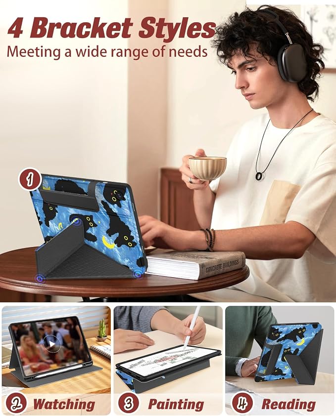 for Samsung Galaxy Tab A9 Plus Case with Pen Holder - for Girls Women Boys Cute Cartoon Cool Anime Kawaii Fun Protector Stand Folio Moon Cat